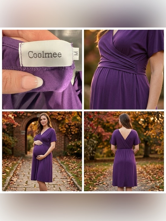Coolmee Dresses & Skirts - Coolmee Purple V Neck Faux Wrap Midi Maternity Dress Size M